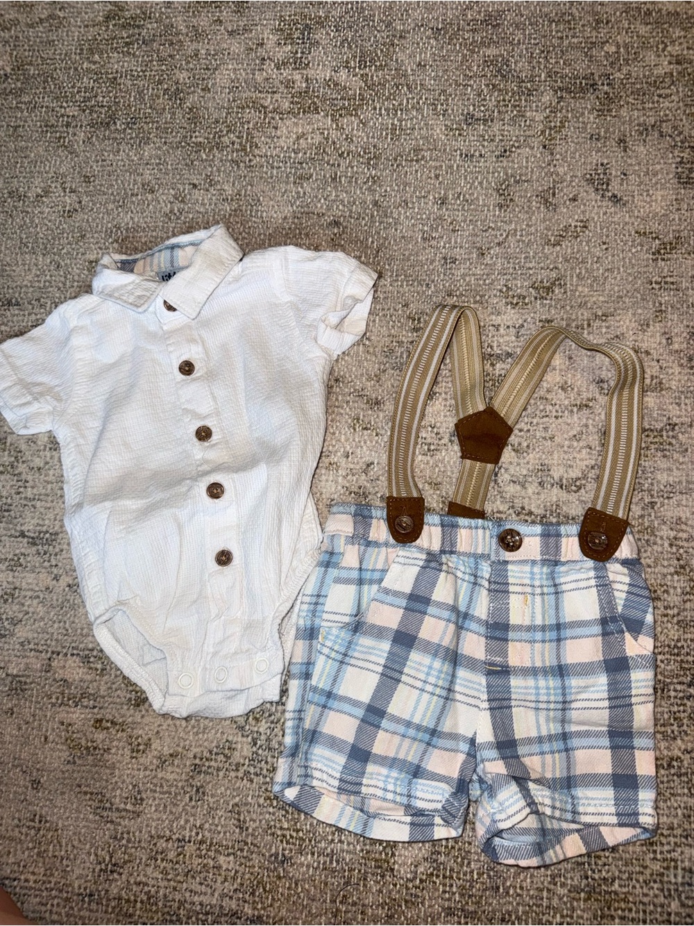 Little Me White Button Romper with Blue & Tan Plaid Shorts and Tan Suspenders